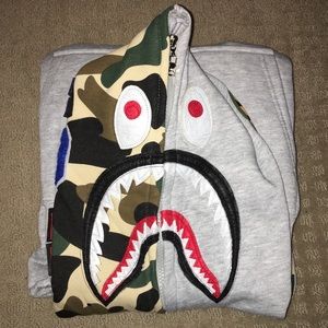 BAPE 1st Camo Sleeve Shark Zip Up Hoodie (Grey)